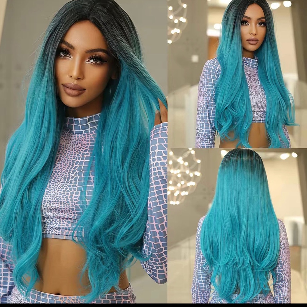 Green Ombre Wigs For Women 28 Inch Long Curly Synthetic Wigs Middle Part
